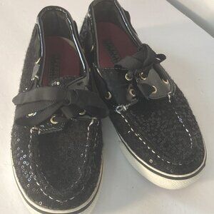 Sperry SZ 6.5 Black wool sequin covered top sider deck shoes